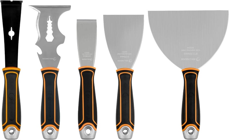 Rolling Dog 5 PC Drywall Repair Knife Set - Include Putty Knife Needed for Drywall Work (1.5" Stiff Blade Scraper, 1.5" Pry Bar, 14-1 Mutil Painter's tool,3" and 6" Flexible Putty Knife) - Image 1